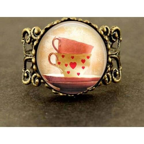 2017 New Trendy Tea Cup Cute Cups Ring Lovely Picture Jewelry Glass Cabochon Ring