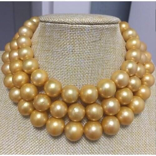 New huge 14-16mm south sea round golden pearl necklace 48inch plated Clasp earrings set