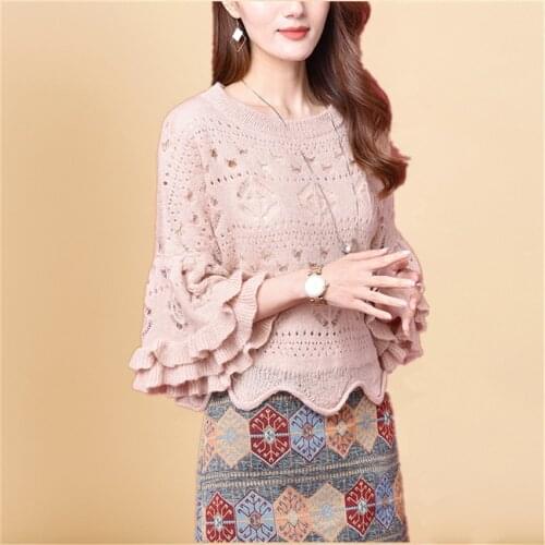 2021 Autumn Women Thin Ruffle Sweaters Lady Flare Sleeve knitted Sweater Female O-neck Sweater Basic Tops Pullover Shirts WZ1464