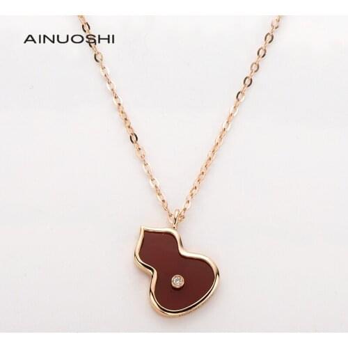 AINUOSHI 18K Rose Gold 0.005ct Natural Diamond Red Agate Gourd Shaped Pendant Necklace For Women Valentines Day Jewelry 18