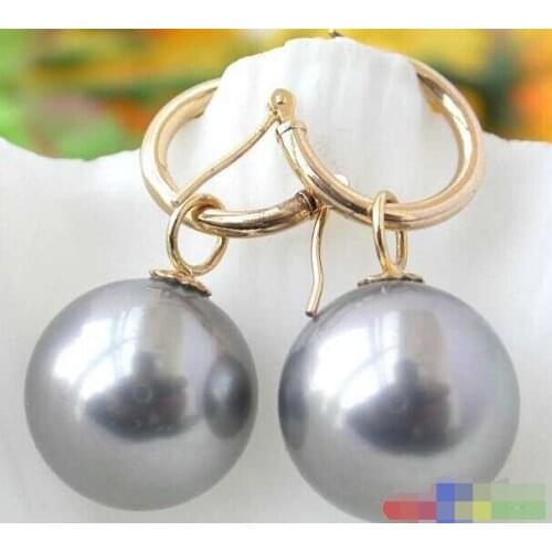 Hot sale Free Shipping>>>>>16MM ROUND GRAY SOUTH SEA SHELL PEARL DANGLE EARRING