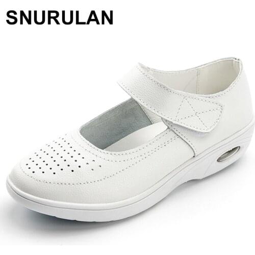 SNURULAN Women Genuine Leather Platform Nurse Shoe Non Slip Professional Flats Fashion Work Insert Working Casual Soft SoleE252