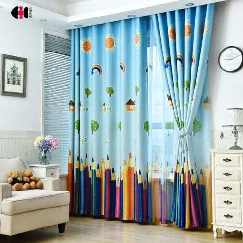 Sun Rainbow Pencil Print Blackout Curtain for Children Kids Thermal Insulated Room Darkening Engery Saving Nursery Drape