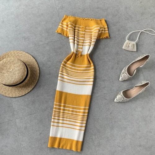 Vintage Slim 2021 Lace Up Off Shoulder Striped Print Bodycon Knitted Midi Pencil Dress Summer Party Women Knee Length Club Dress