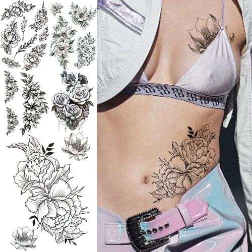 Black Peony Temporary Tattoos For Women Girls Female Realistic Lotus Rose Flora Lace Fake Tattoo Sticker Chest Waist Tatoo Thigh