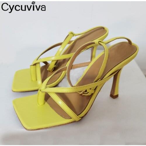 New Flip Flops Sandals Women 2021 Summer High Heel Dress Shoes Woman Ankle Strap Gladiator Sandals Square Toe Leather Sandalias