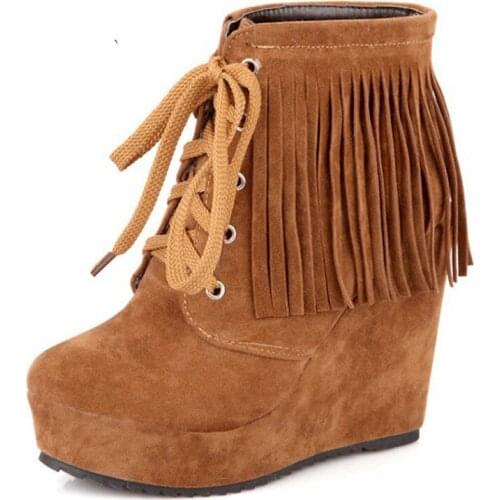 Platform Autumn Winter Boots Women Tassels Wedges Ankle Boots Casual Shoes Lace-up High Heels Shoes Woman Size 34-39 XKD2006