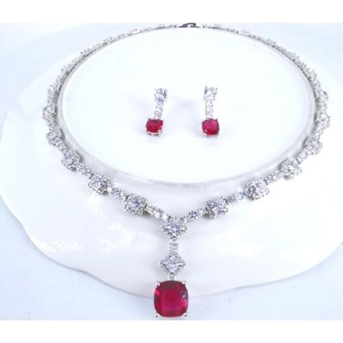 2021 NEW fashion vintage red blue Square CZ zircon necklace earring set wedding bride banquet dressing jewelry set free shipping
