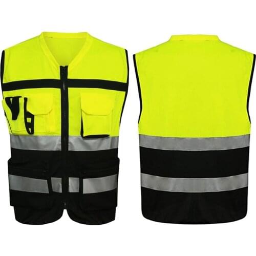 7 Pockets Class 2 High Visibility Zipper Front Safet Yellow Vest With Reflective Strips