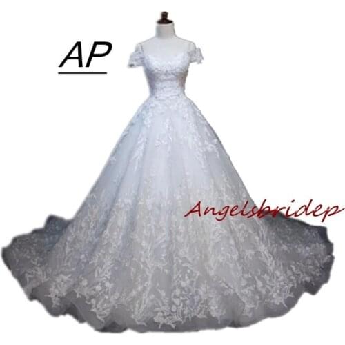 ANGELSBRIDEP Short Sleeve V-Neck Wedding Dress 2021 Sparkly Crystals Vestidos De Novia Formal Princess Long Train Bride Dress