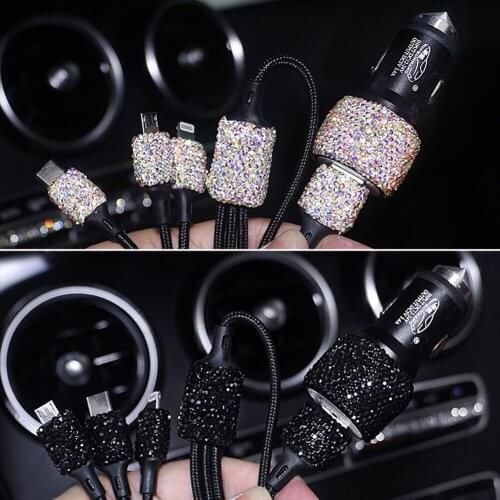 Shiny Car Adapter Set 5V 2.1A Dual Port Car USB Fast Charging With 3-in-1 Charging Cable Rhinestone Womens Car Decoration