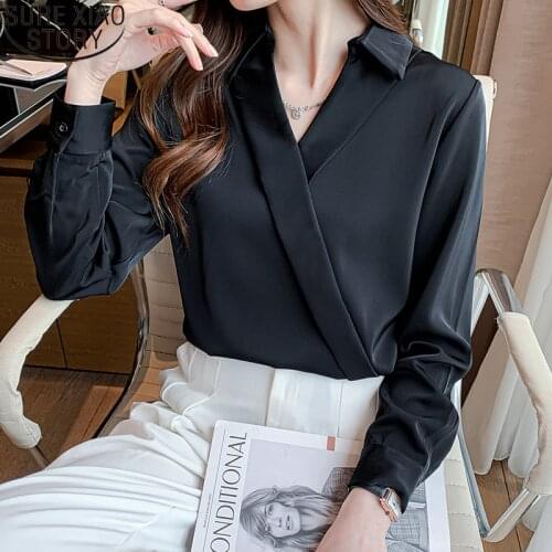 Elegant Satin Blouse Women Autumn New Long Sleeve Shirt Office Lady Fashion Black Sexy V-neck Tops Blusas Clothes Blouse 16128
