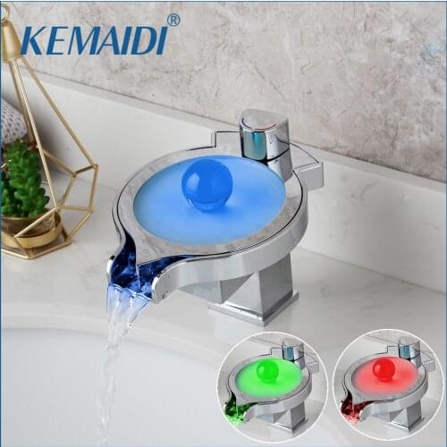 KEMAIDI LED Color Changes Waterfall Basin Faucet Bathroom Bath Tub Sink Mixer Tap Single Handle Kitchen Water Faucet Chrome