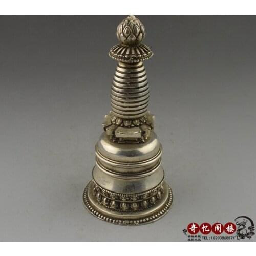 Collectible home Decorated Old Handwork Tibet Silver Carved Lotus pagoda metal handicraft