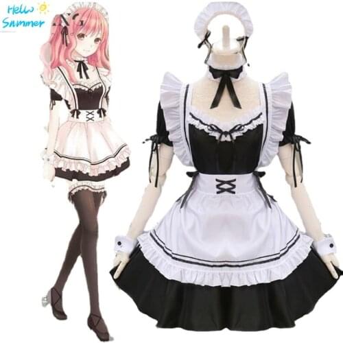 7 Piece Set French Maid Outfit Lolita Cosplay Dresses Girls Amine Cute Waitress Cafe Woman Dress Sissy Maid Costumes Uniform