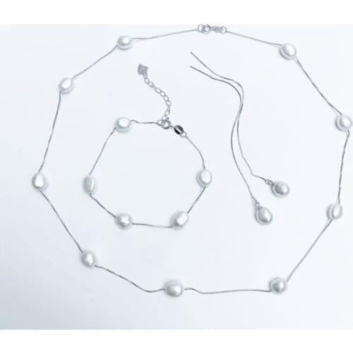 Natural Freshwater Pearl Jewelry Set Real S925 Sterling Silver Necklace Bracelet Earring Gray White Women Baroque Pearl Jewelry
