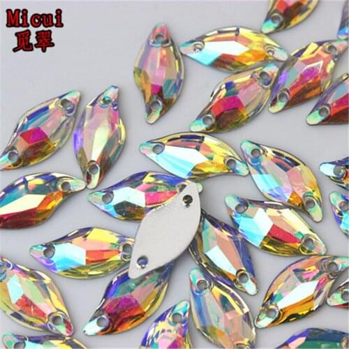 Micui 100PCS 9*19mm Leaf Shape Clear AB Resin Rhinestones Crystal FlatBack Sewing Stones Resin Sew On Crystal for Garment SM668C