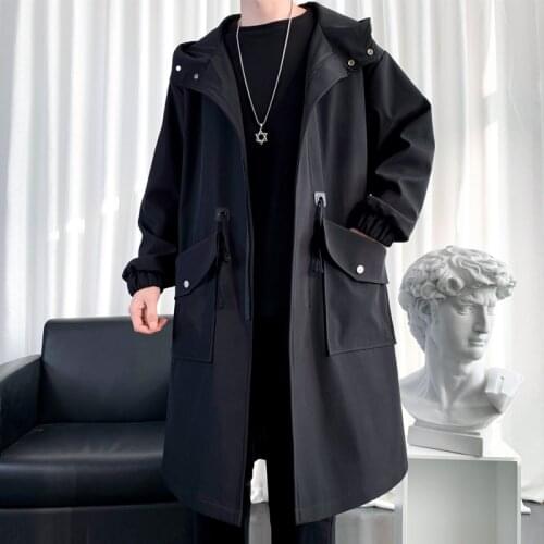Streetwear casual trench coat men 2021 spring autumn mens jacket windbreaker hooded long coat man