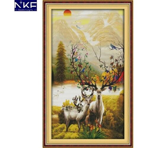 NKF A Rich Deer Happiness Chinese Stamped Counted Cross Stitch DIY Kits Embroidery Home Decor Needlework Cross Stitch