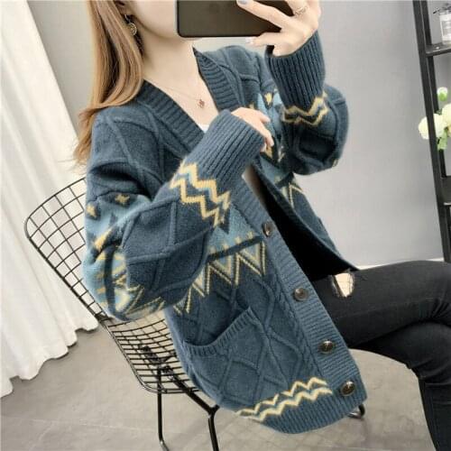 2021 New Retro Jacquard Cardigan Sweater Jacket Female Autumn Loose Jacket Lazy Style Thick Knitted Cardigan Trend Hot Sale e223