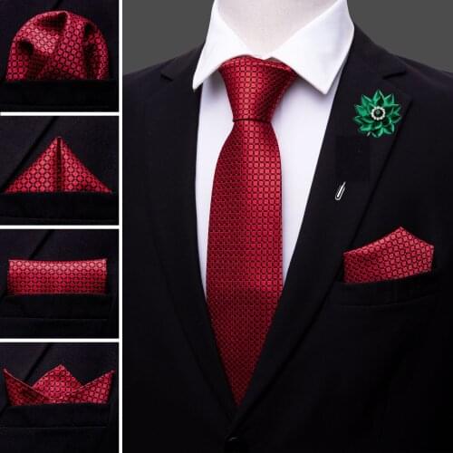 Red Novelty Men Silk Wedding Tie Brooch Handkerchief Cufflinks Set Geometric Neck Tie For Men Gift Party Business Barry.Wang
