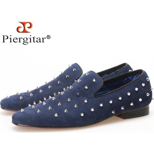 Piergitar new summer style Handmade Navy Suede men shoes with Silver Rivet Fashion smoking slipper Prom and Banquet men loafers