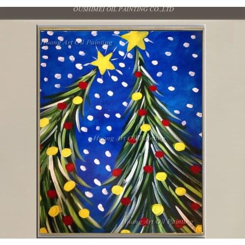 Hand Painted Abstract Christmas Tree Painting on Canvas Oil Painting Wall Art For Room Decor Modern Blue Sky Landscape Paintings