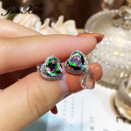 Mystic Fire Crystal Multicolor Heart Stud Earrings For Women Silver Color Pink Red Rainbow Zircon Wedding Ear Studs Jewelry