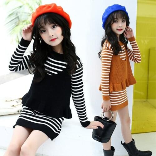 Teens Girls 4-14Y Knitted Dress and Vest 2pc Clothing Sets Autumn Winter Party Holiday Princess Stripe Christmas Clothes Set