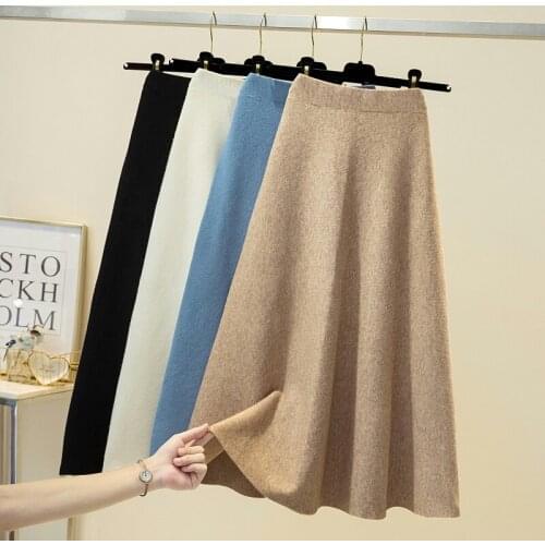 Women thick sweater skirt Elastic High Waist Pleated Midi knitted Skirt A-line female solid elegant Vintage Winter Skirts