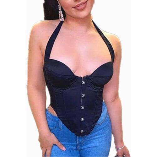 2021 Satin Fashion Sexy Breasted Corset Tops Women Club Party Sleeveless Backless Halter Cropped Feminino Attire Summer
