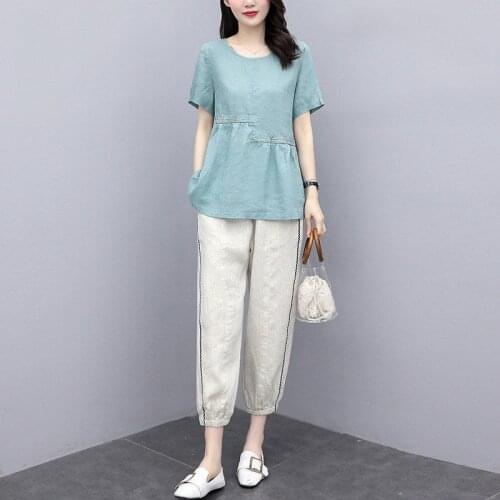 2021 Summer Women Fashion Cotton and Linen Set O-neck Short Sleeve Top + High Waisted Trousers Loose Two-piece Suit M-4XL Y703