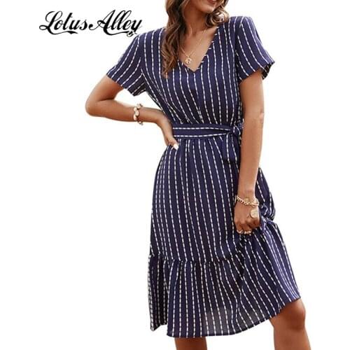 2021 Slim V Neck Summer Midi Dress Short Sleeve Vestido Party Dresses For Women Casual Elegant Lady Jurk Dames Blue Stripe Dress
