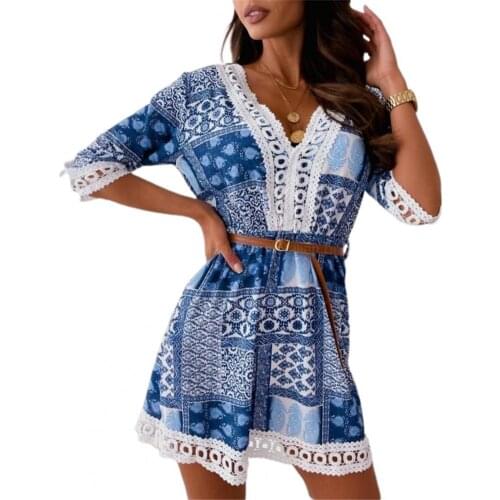 Women Dress Stylish Printed Lace Bohemia Half Sleeve Lace Printed V Neck Dress Half Sleeve V Neck Summer Dress Plus Size 2XL
