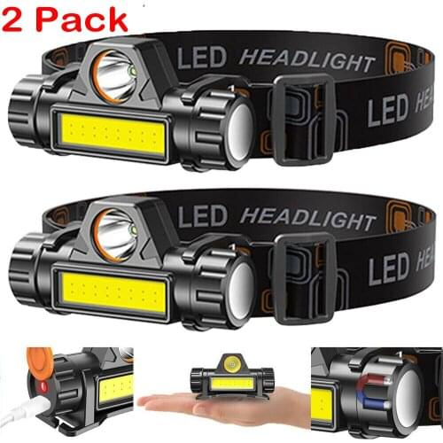 D2 2 Pack Waterproof LED Headlamp Headlight Head Light USB Rechargeable Flashlight Outdoor Camping Fishing Torch Work Light Lamp