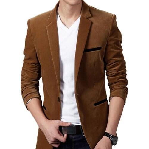 Blazers Men Autumn Long Sleeve Lapel Collar Button Pocket Decor Velvet Slim Blazer Jacket