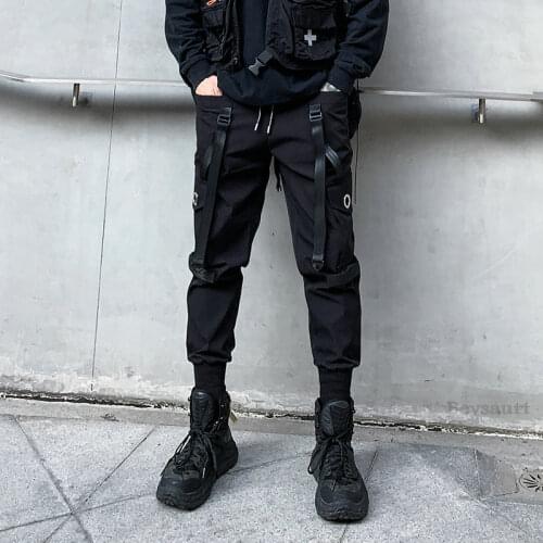 Multi-Pockets Pencil Pants Mens Hip Hop Ribbons Cargo Sweatpants Joggers Trousers Male Fashion Punk Full Length Pant Trousers