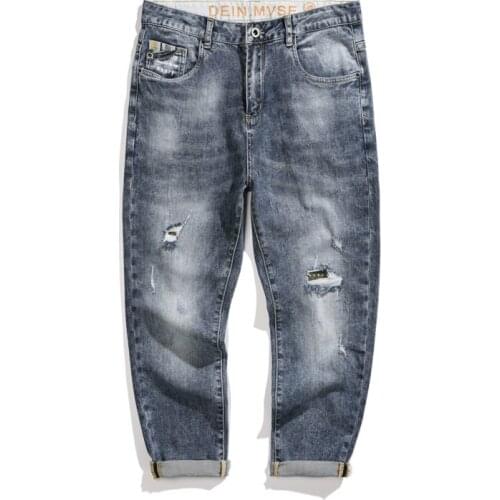 Mens Ripped Jeans Capris Pants Blue Stretchy Fashion Pockets Desinger Harem Pants Hip Hop Patchwork Destroyed Male Jeans Hombre
