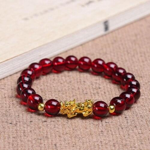 Garnet Pixiu Bracelet Lucky Bracelets Beaded Red Garnet Stone Pixiu Gold Charm Bracelet for Women Homme Men Jewelry