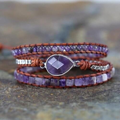 Faceted Water Drop Charm Wrap Bracelets for Women 3Layers Geometric Purple Crystal Beaded Boho Bracelet Jewelry Dropshipping