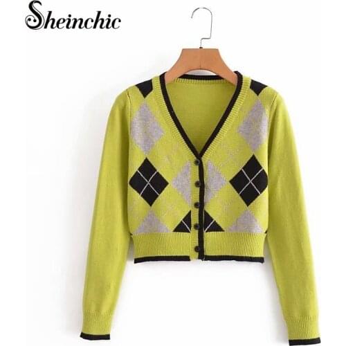 Korean Fashion Autumn Winter Geometric Pattern Argyle Cardigan Loose Oversized O-Neck Knitted Sweaters Woman Jumper Mujer