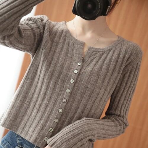 LJSXLS Spring Autumn Knitted Open Stitch Womens Sweaters Solid Short Tops Female Loose Long Sleeve Korean Style White Sweater