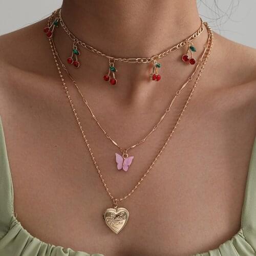Sweet Women Fashion Cherry Cherry Butterfly Heart Multilayer Necklace for Women Trendy Choker Necklace Jewelry Gifts