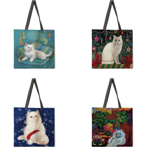Reusable shopping bag white cat print tote bag ladies shoulder bag linen fabric bag outdoor beach bag everyday handbag