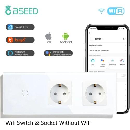 BSEED Wifi Wall Touch Switches With Double EU Sockets Without WIFI Glass 1/2/3Gang Smart Google Alexa Light Switches App Control