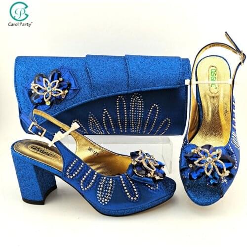 Nigeiran 2021 Hot Selling Italian Design Flower Rhinestone Style Ladies Shoes and Bag Set in Royal Blue Color for Party Wedding