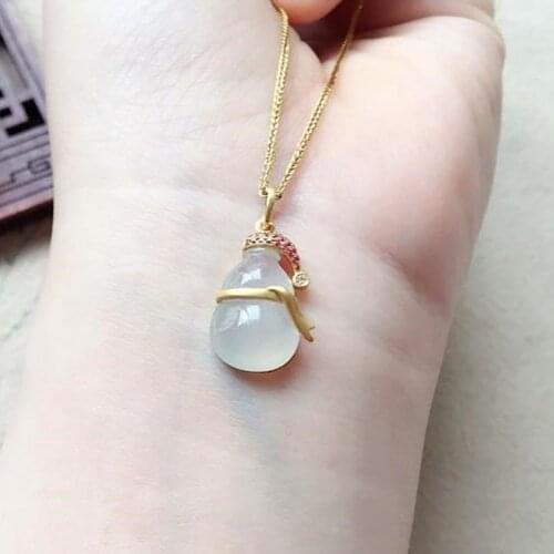 Original new silver inlaid natural ice chalcedony gourd pendant necklace elegant charm creative retro female silver jewelry