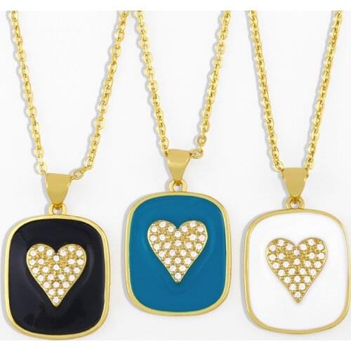 FLOLA Crystal Heart Necklace For Women Gold Chain Enamel Square Pendant Necklace CZ Cubic Zirconia Simple Jewelry Gifts nkes44