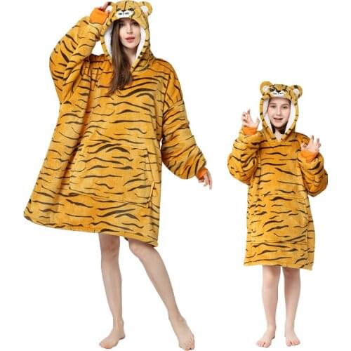 Panda Tiger Animal Cartoon Wearable TV Blankets Family Matching Clothing Sets Super Warm Fleece Oversized Sweatshirts Pullover
