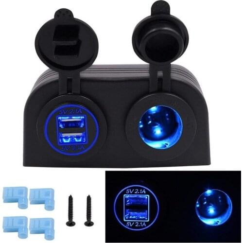 Two Hole Tent Type Panel 4.2a Dual USB Charger + 12V/24V Cigarette Lighter Socket for Car Motorcycle Boat Marine ATV RV